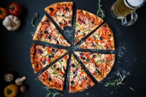 A pizza cut into 8 slices