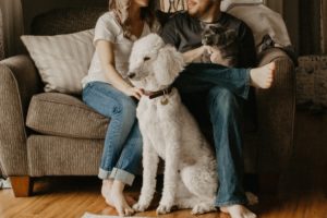 A couple sitting on a couch with their dog. 